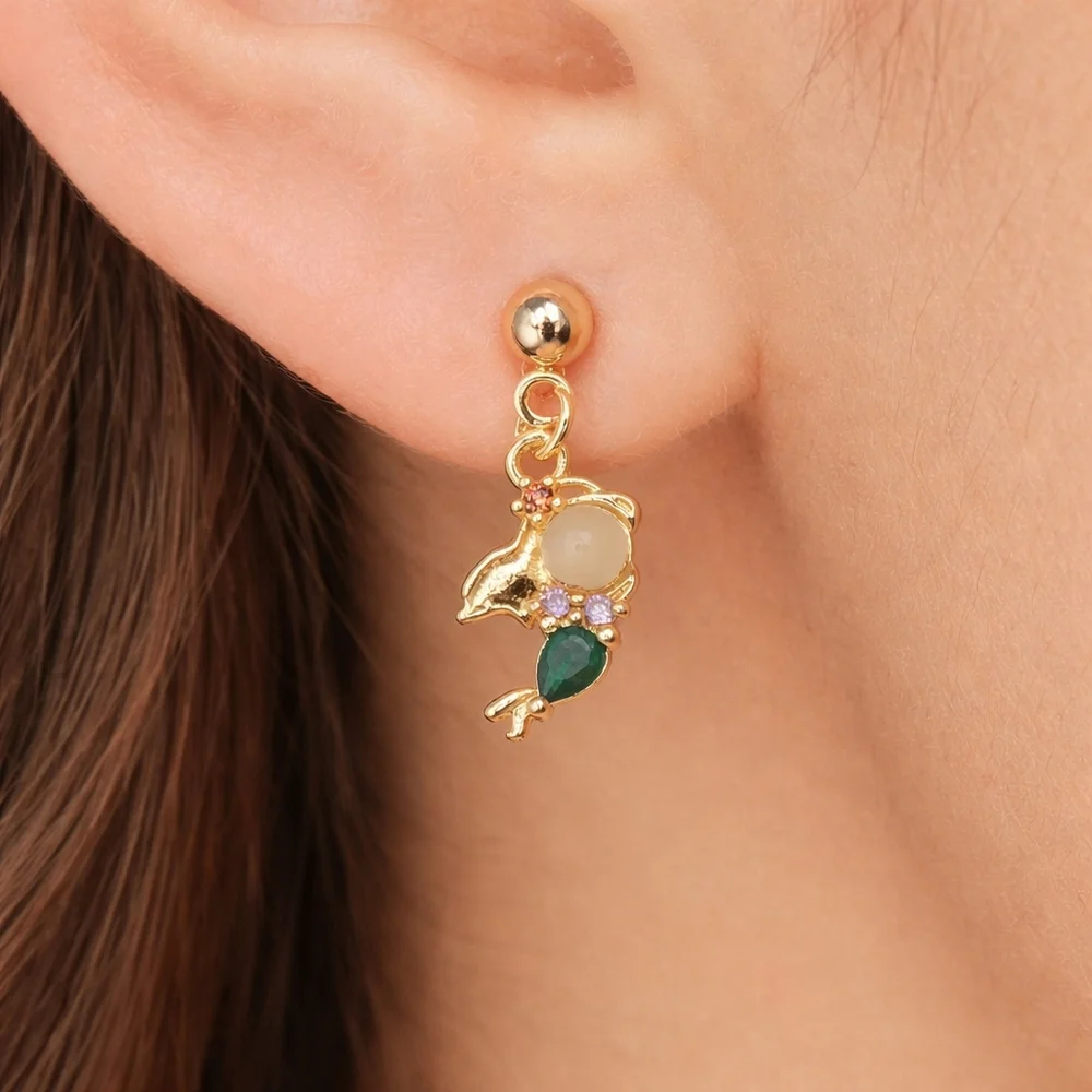 Mermaid Earrings 18K Gold Plated Colorful CZ Dangle Green Drop Dainty Elegant